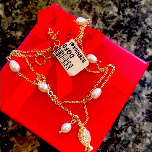 Sterling silver Pearl fish CZ Bracelet Anklet 9” - Picture 1 of 4